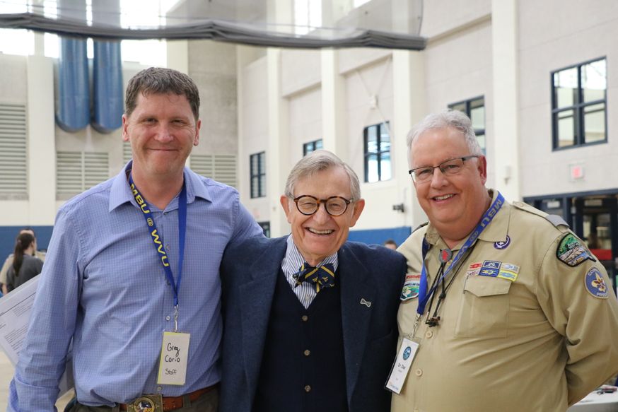 WVU President Gordon Gee visiting Boy Scout leaders.